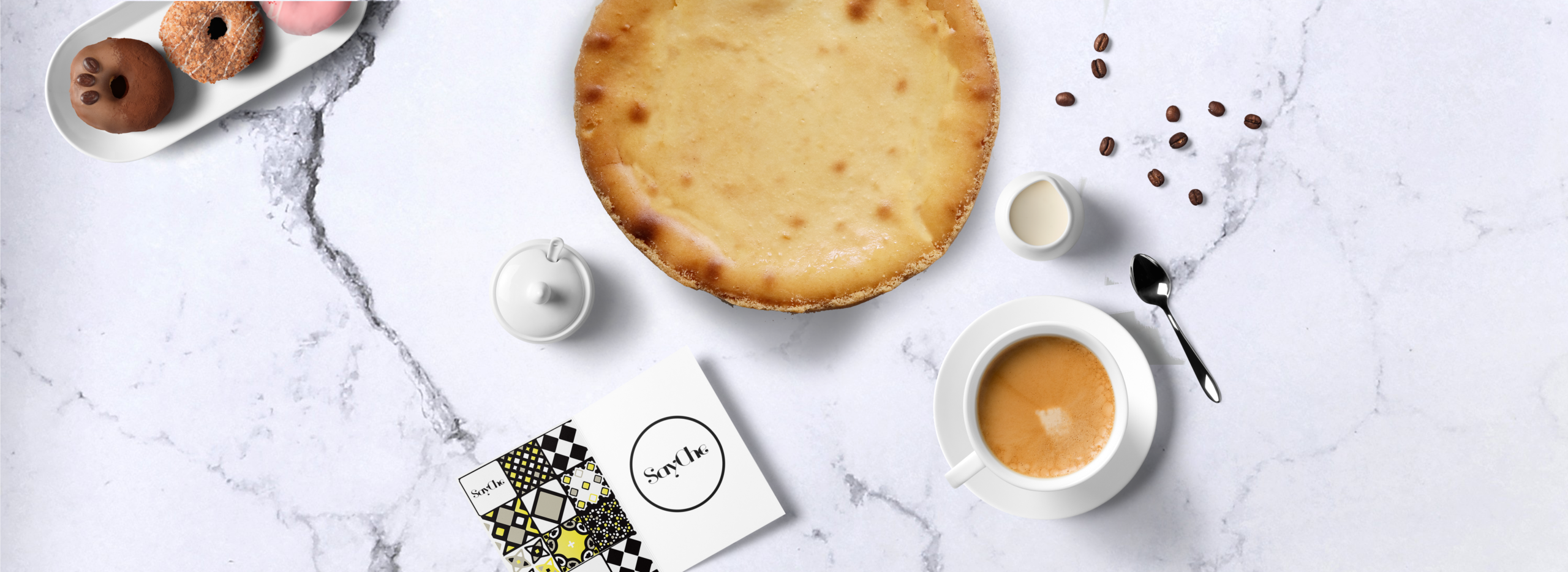 cheese cake, card and coffee, birds eye view